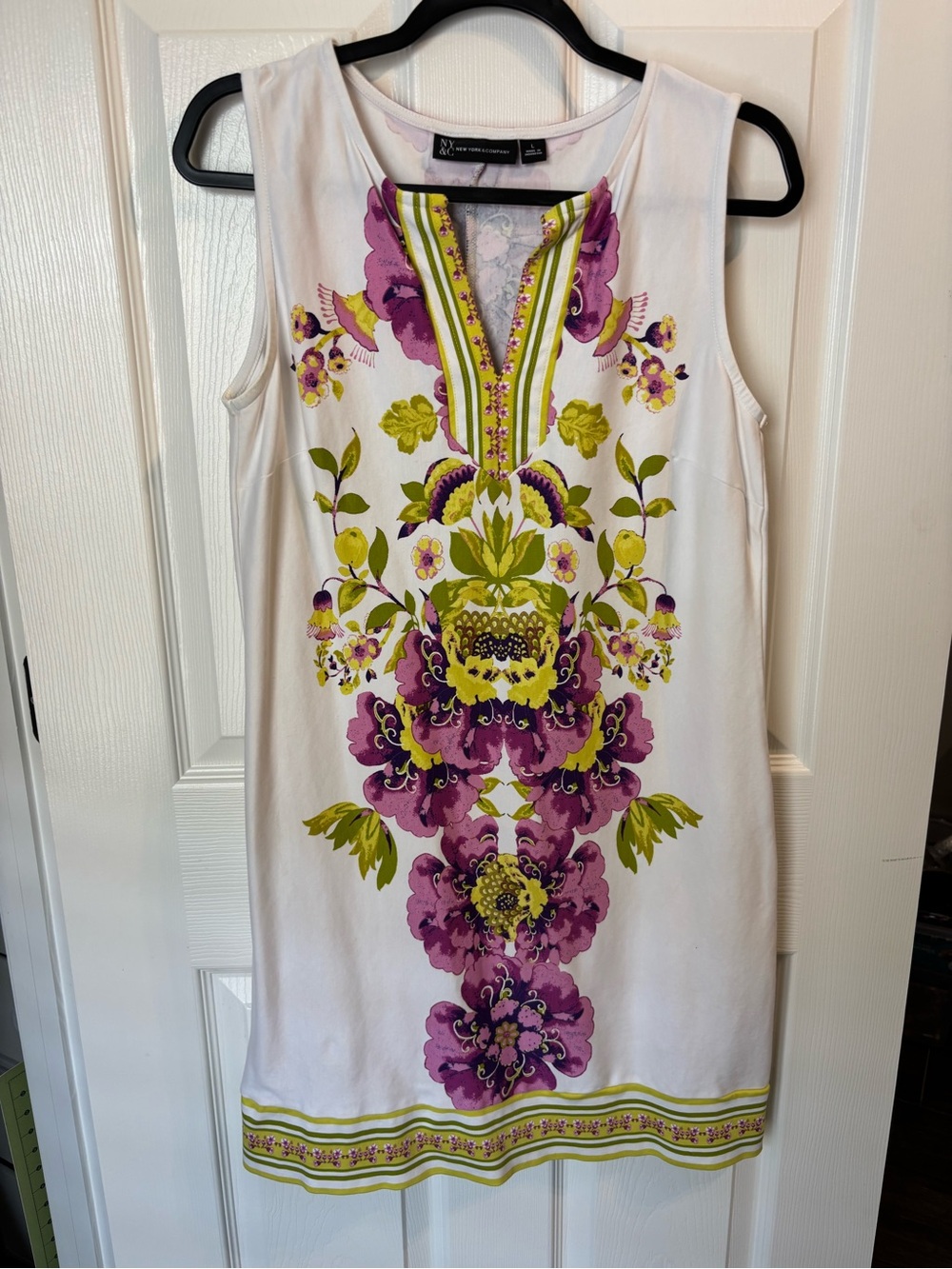 New York & Company White Sleeveless Dress with Purple and Lime Floral Print